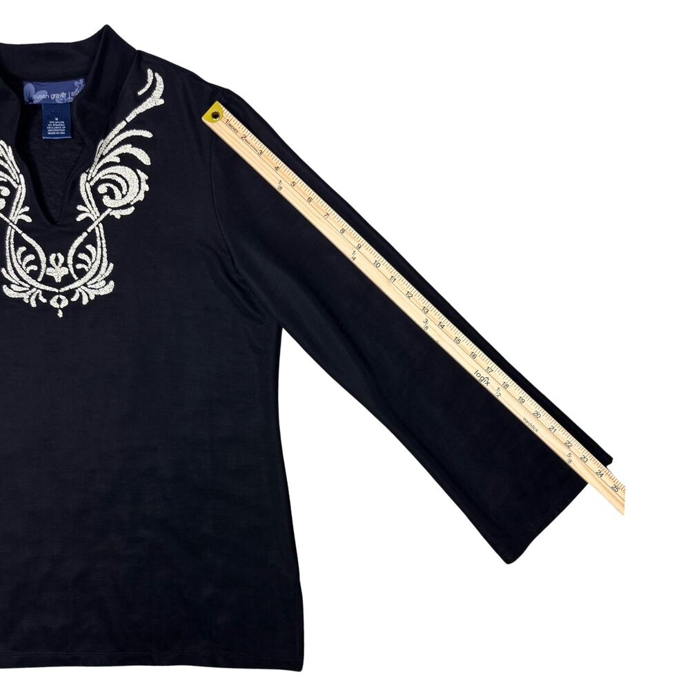 Susan Graver Blouse Womens Embellished Nylon Medium Black Boho Classic Goth USA - Picture 4 of 8